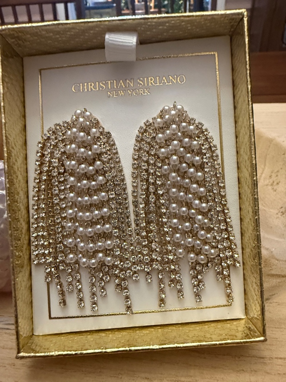 Christian Siriano Waterfall Rhinestone and Faux Pearl Strand Earrings Gold Tone